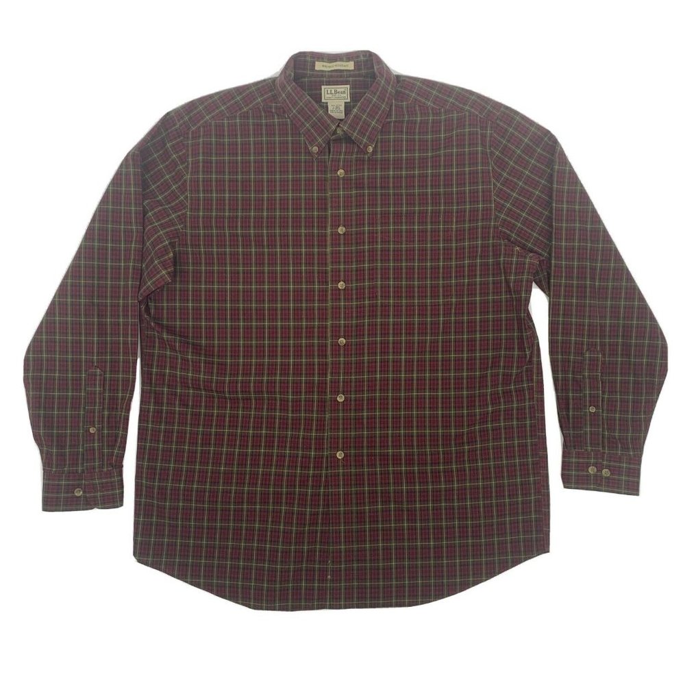 Men’s LL Bean LS Button Down Shirt Red/Green Plaid L-Reg Wrinkle Resistant 0YP38